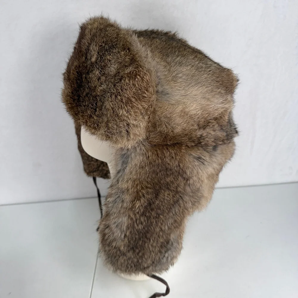 Vintage Trapper Hat Ushanka Real Rabbit Fur Ear Flaps Brown Gorpcore Aviator Hat